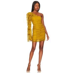 For Love & Lemons Tiana Lace Ruched One Shoulder Mini Dress Yellow Size S